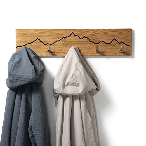 WOODS Garderobe aus Eichenholz mit Berg Motiv | handgefertigt in Bayern | Garderobenleiste Holz | Hakenleiste Wandgarderobe Deko-Berge (Edelstahl Haken, 70cm (6 Haken)) von WOODS