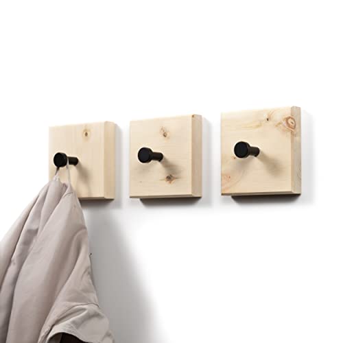 WOODS Garderobenhaken quadratisch aus Zirbe I handgefertigt in Bayern I einzeln oder als Garderobenleiste I Garderobe Hakenleiste Handtuchhalter (3 Stück, Zirbenholz, schwarze Haken) von WOODS