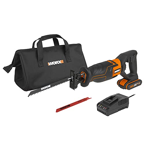 WORX WX500 Akku-Säbelsäge 20V – Akkusäge zum Schneiden von Holz, PVC, Stahl u. v. m. – Verstellbare Fußplatte, variable Geschwindigkeit – Mit 20V 2Ah Akku, Schnellladegerät und Transporttasche von WORX