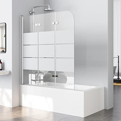 WOWINNE Badewanne Duschwand 130x140cm Duschwand für Badewanne Faltbar Duschwand Gestreift 3-teilig Duschabtrennung 6mm ESG Glas von WOWINNE