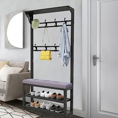 Garderobe mit Sitzbank, Metall garderoben mit Schuhregal, Garderobenständer mit 8/10 Haken, Stabiles Stahlgestell, für Flur Wohnzimmer Ankleidezimmer 80/100X30X172CM von WPPTNSFY