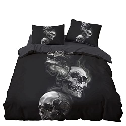 WQIZXCW Totenkopf Bettwäsche 135x200, Gothic Schwarz Microfaser Bettbezug Set 2 Teilig - Weich & Angenehm & Atmungsaktiv, 1 Bettbezüge mit Reißverschluss + 1 Kissenbezug 80x80 cm von WQIZXCW