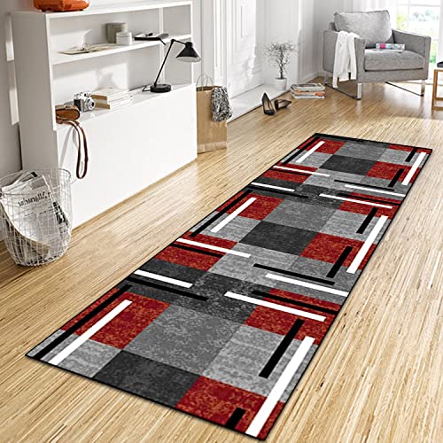 WTHYGB Teppich Läufer Flur Küche 80x320 cm, Modern rutschfest Waschbar Küchenläufer Flurläufer, Lang Polyester Plaid Dunkelgrau-Rot Teppichläufer für Korridor, Schlafzimmer, Innen Wohnzimmer von WTHYGB