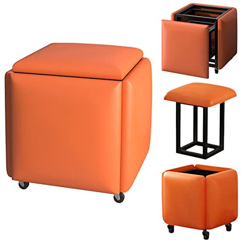 Quadratischer Hocker, 5-in-1, stapelbarer Magic Cube-Stuhl mit orangefarbenem PU-Ledersitz und drehbaren Rädern, moderner Sofa-Aufbewahrungskombinationshocker für zu Hause (Größe: 43 x 43 x 47 cm) von WXHLH