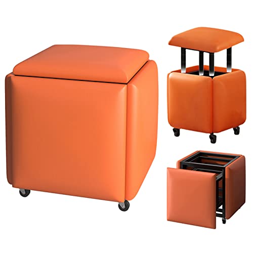 Quadratischer Hocker, 5-in-1-Magic-Cube-Stuhl mit orangefarbenem PU-Ledersitz und drehbaren Rädern, moderne Sofa-Aufbewahrungskombination für zu Hause, stapelbarer Hocker (Größe: 43 x 43 x 47 cm) wwyy von WXHLH