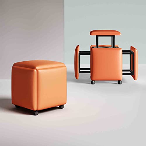 WXHLH Nesting Chair Orange PU-Leder Magic Cube Hocker, Esszimmersofa 5-in-1 stapelbare Ottomane mit Rahmen aus Kohlenstoffstahl und abnehmbaren Rädern (Größe: 38 x 38 x 34 cm) wwyy von WXHLH