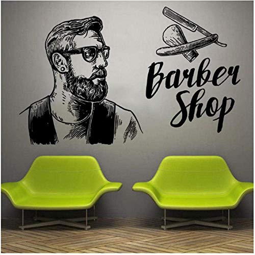 WYFCL Wandfenster Aufkleber Aufkleber Friseur Shop Mann Salon Haarschnitt Bart Gesicht Werkzeuge Logo Salon Vinyl Aufkleber Hipster Barbershop Deko 67X42Cm von WYFCL