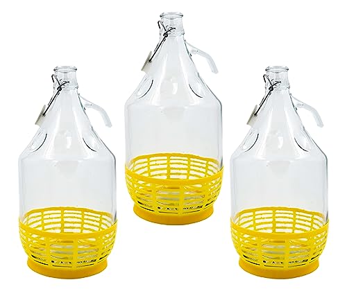 WYSKONT Enghals Ballonflasche Weinflasche mit Bügelverschluss und Korb zur Aufbewahrung von Gärungsgetränken aus transparentem Glas, luftdicht, 3 Stück x 5 l von WYSKONT