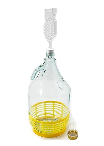 WYSKONT Enghals Ballonflasche mit Schraubverschluss, Schutzkorb, Luftschleuse und Stopfen für die Weinherstellung, Gärung, Getränkeaufbewahrung, aus transparentem Glas, 1 Stück x 5 l von WYSKONT