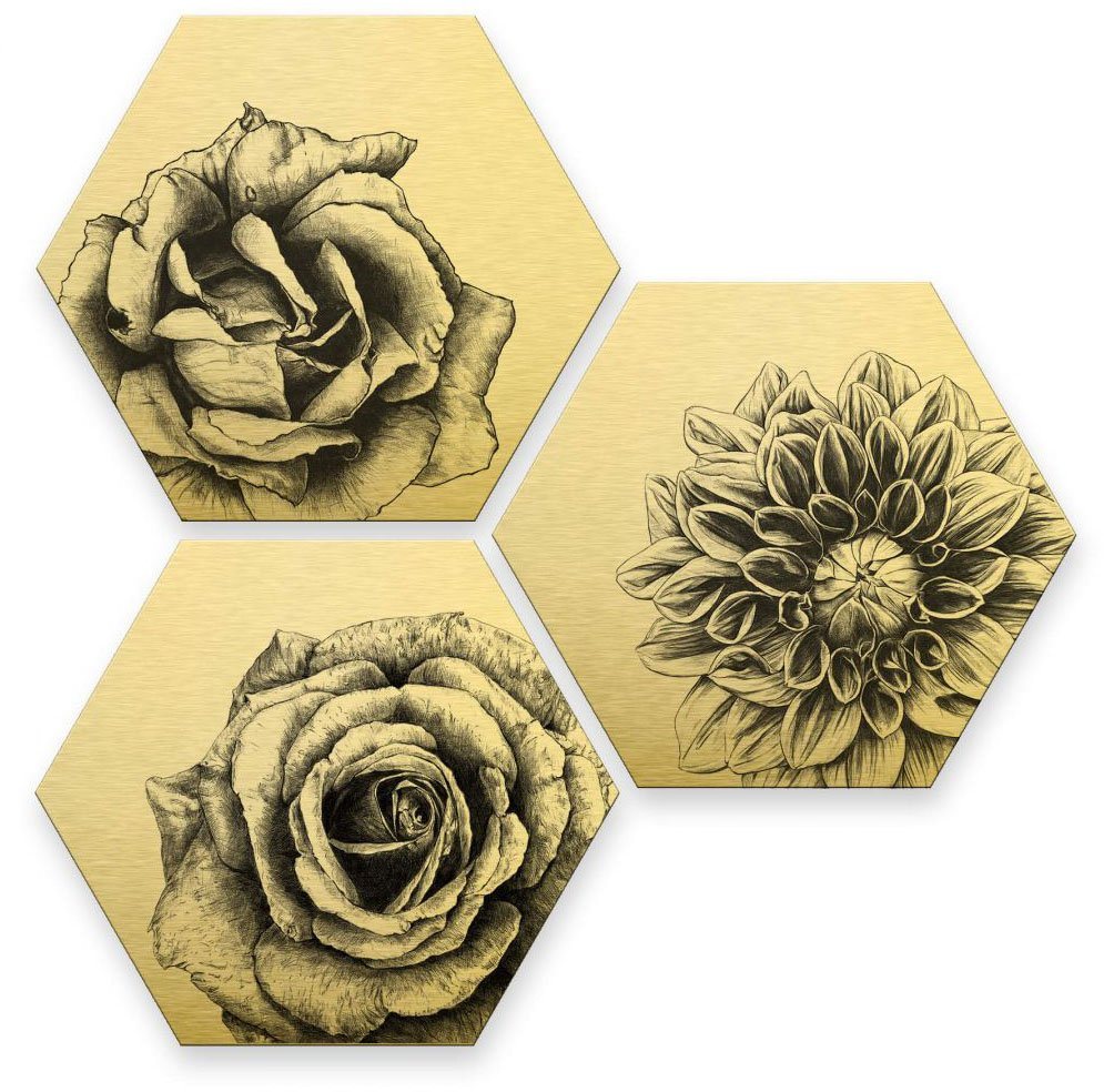 Wall-Art Mehrteilige Bilder Florales Blumen Set Goldeffekt, (Set, 3 St), Metallschild Collage von Wall-Art