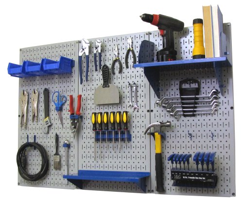 Stecktafel-Organizer, Wandsteuerung, 1,2 m, Metall-Stecktafel, Standard-Werkzeug-Aufbewahrungs-Set mit grauem Werkzeugbrett und blauem Zubehör von Wall Control