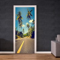 Selbstklebende Türfolie - Tür Wandbilder Palms On Road Haustür Deko Aufkleber Dekoration von WallArtsOnline