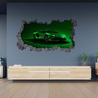 Wandtattoo Lamborghini Grün Sportwagen 3D Loch in Der Wand Effekt C Selbstklebend Kunst Aufkleber Wandbild von WallArtsOnline