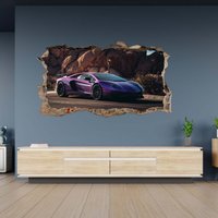 Wandtattoo Lamborghini Violet On Road 3D Loch in Der Wand Selbstklebend Kunst Aufkleber Wandbild von WallArtsOnline