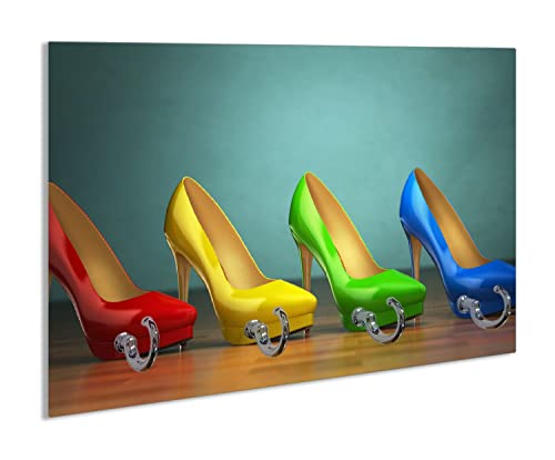 Wallario Schlüsselbrett aus Glas 30 x 20 cm, Wand Schlüsselhalter mit 4 Haken, Motiv: Bunte Schuhe - High Heels für Frauen von Wallario