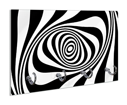 Wallario Schlüsselbrett aus Glas 30 x 20 cm, Wand Schlüsselhalter mit 4 Haken, Motiv: Optische Täuschung - Zebra Muster - schwarz weiß von Wallario