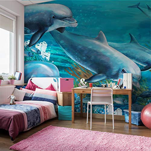 Wallepic Selbstklebende Fototapete Delfine inmitten eines Korallenriffs Moderne Tapete Wohnzimmer Schlafzimmer Büro Flur Wandtapete XXL Mehrfarbig Abstrakt Ideen Dekor Br. 135 cm x Hö. 90 cm von Wallepic