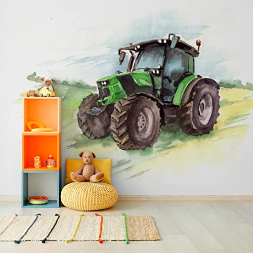 Wallepic Vlies Fototapete Traktor Grün Natur Feld Pflanzen 135 x 90 Moderne Tapete XXL Himmel Wolken Abstrakt Wohnzimmer Schlafzimmer Büro Flur Wandtapete Mehrfarbig Abstrakt Br. 135 cm x Hö. 90 cm von Wallepic