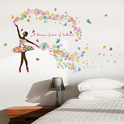 Wallpark Romantisch Bunt Blume Fee Ballett Tänzer Ballerina Schmetterling Abnehmbare Wandsticker Wandtattoo, Wohnzimmer Schlafzimmer Haus Dekoration Klebstoff DIY Kunst Wandaufkleber von Wallpark