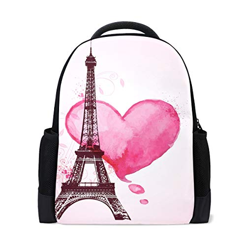 Romantischer Valentinstag Eiffelturm Reise Laptop Rucksack Schule Büchertasche Pink Herz Causal Daypack Outdoor Business Wanderrucksäcke Camping Schultertaschen für Studenten Frauen Herren von Fender
