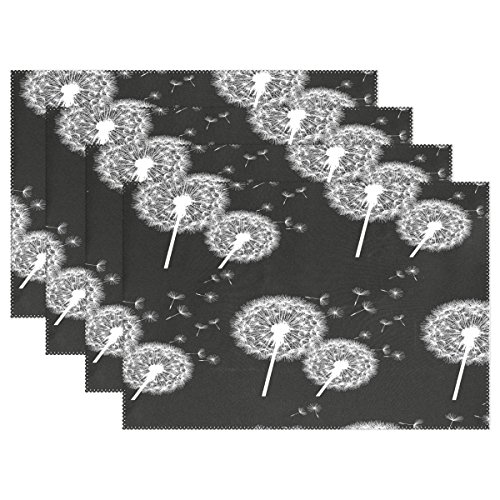Wamika Pflanzen-Platzsets Set von 4 Stück, weiße Blume Pusteblume auf schwarzem hitzebeständigem waschbarem 30,5 x 45,7 cm Tischsets für Küche Esstisch Dekoration von Wamika