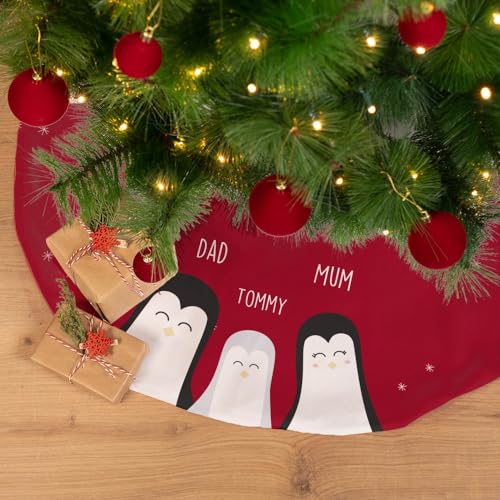 Wanapix | Personalisierter Weihnachtsbaumrock mit Name | Weihnachtsbaum-Teppich | Weihnachten Deko | Panama-Stoff | Rund 90 cm Ø | Pinguine von Wanapix