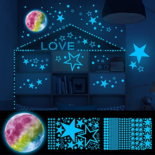 WandSticker4U®- Blaues Licht! 590 LEUCHTMOND & LEUCHTSTERNE Kinderzimmer, Wandtattoo Mond & Sterne leuchtend selbstklebend, Leuchtsticker Sternenhimmel leuchtet im dunkeln Mädchen & Junge von WandSticker4U