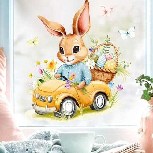 Fensterbild Frühling Ostern Hasen im gelben Auto mit Schmetterlingen Ostereiern und Blumen Fensterdeko Kinderzimmer Kind Frühlingsdeko, 3. A2 Bogen von Wandtattoo Loft