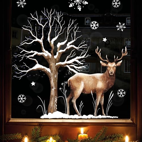 Fensterbild Weihnachten Winter Hirsch mit Schnee und einem beschneiten Baum, 1. A4 Bogen von Wandtattoo Loft