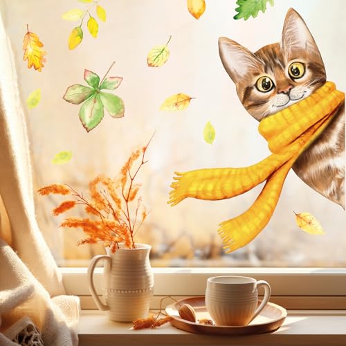 Fensterbild reinschauende Katze mit gelbem Schal bunte Blätter Herbst herbstlicher Fensteraufkleber Fensterdeko, A3 Bogen von Wandtattoo Loft