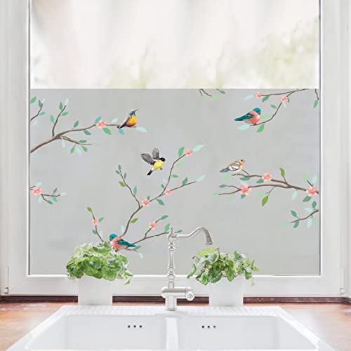 Sichtschutzfolie Zweige mit Vögeln, Fensterfolie Fensterdeko Milchglasfolie, 55 cm hoch, 125 cm breit von Wandtattoo Loft