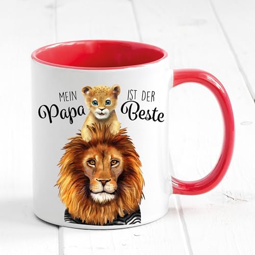 Tasse bedruckt mit Löwe Mein Papa ist der Beste, Geschenk zum Geburtstag Kaffeetasse Kaffeebecher, Vatertagsgeschenk, rot von Wandtattoo Loft