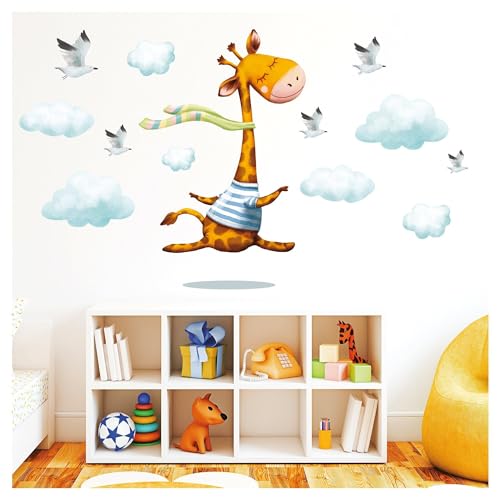 Wandtattoo Kinderzimmer bunt Mädchen Junge Giraffe Wolken Möwen Vögel Dekoration Babyzimmer blau, 35 cm x 82 cm von Wandtattoo Loft