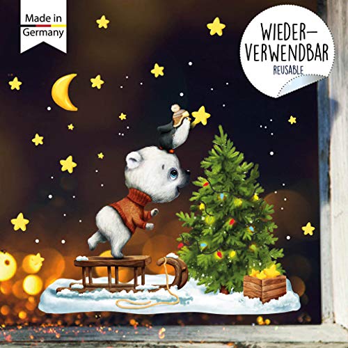 Wandtattoo Loft Fensterbild Weihnachten Winter Bär und Pinguin mit Sternen und Tannenbaum wiederverwendbar / A4 (20 cm x 30 cm) von Wandtattoo Loft