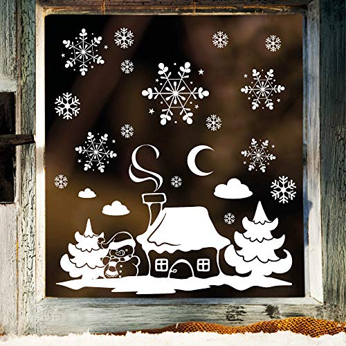 Wandtattoo-Loft Fensterbild Winterhäuschen mit Schneemann und Schneeflocken WIEDERVERWENDBAR von Wandtattoo-Loft