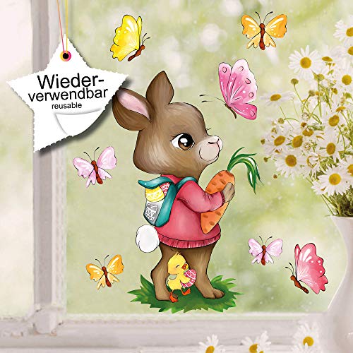 Wandtattoo-Loft Fensterbilder Frühling Fensterbild A4 Hase mit Rucksack und Möhre mit Schmetterlingen Wiederverwendbare Fensteraufkleber von Wandtattoo-Loft