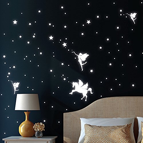Wandtattoo-Loft Leuchtaufkleber DREI Elfen mit Einhorn, Sterne und Punkt - Leuchtende Sticker für einen tollen Sternenhimmel im Kinderzimmer von Wandtattoo-Loft