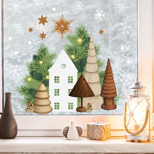 Wiederverwendbares Fensterbild Weihnachten Haus Tannenbäume Holzoptik Sterne Fensterdekoration Weihnachten Winter, 1. A4 Bogen von Wandtattoo Loft