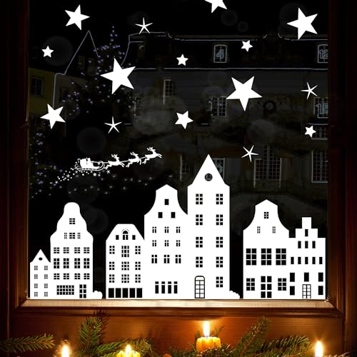 Wiederverwendbares Fensterbild Weihnachten Winterstadt Fensterdekoration Weihnachten Winter Rentierschlitten Sterne weiß, 3. A2 Bogen von Wandtattoo Loft