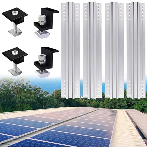 Warmfay Solarmodul Halterung Montageset, Befestigung Solarmodul 40CM Aluprofil und 30MM Schwarze Klemmen für 4X Module, Dachhalterungen Solarmodule für Flachdach Blechdach Trapezblech von Warmfay