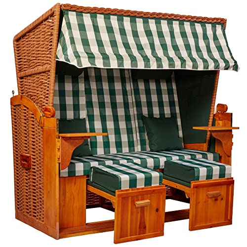 Webavita - Strandkorb Ostsee XXL | 3 Sitzer | Bausatz | Geflecht: Natur, Bezug: Grün Kariert | Volllieger | Beach Chair für den Garten, Terrasse oder Balkon von Webavita