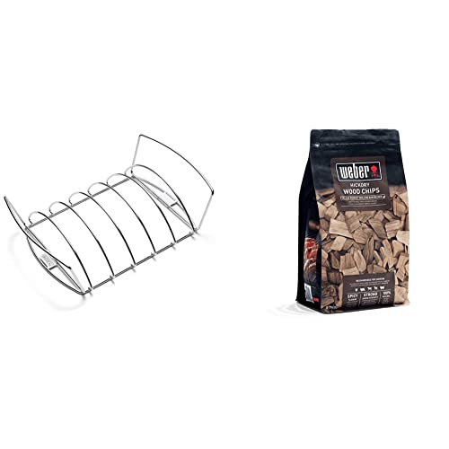 Weber 6469 Original Rib and Roast Holder & 17624 Räucherchips Hickory 700g, Räuchern, Aroma, Grillen, Braun, 17.8x8.9x30.5 cm von Weber