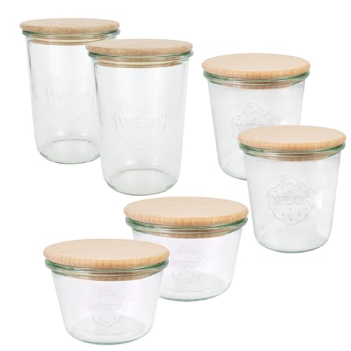 Weck Gläser Set (6 Einmachgläser, 2x 250 ml, 2x 500 ml, 2x 750 ml mit Holzdeckel, zum Einmachen/Aufbewahren von Lebensmitteln) 79213 von Weck