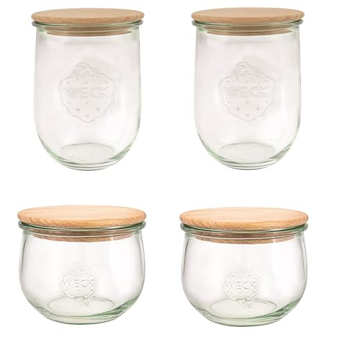 Weck Gläser Set Tulpenform (4 Einmachgläser, 2x 1000 ml, 2x 500 ml, mit Holzdeckel, zum Einmachen/Aufbewahren von Lebensmitteln) 79212 von Weck