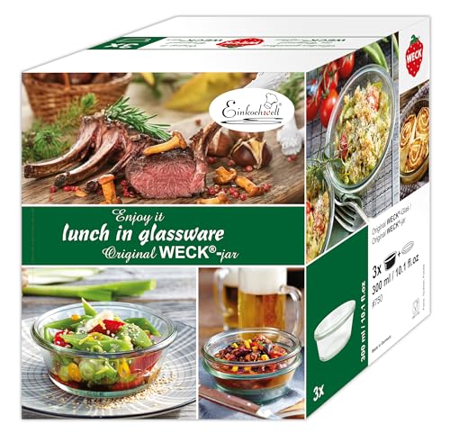Weck Gourmetgläser 300 ml 3er Karton (Gourmetgläser für Salate oder kleine Mahlzeiten, mit 120 mm RR-Deckel) 19815 von Weck