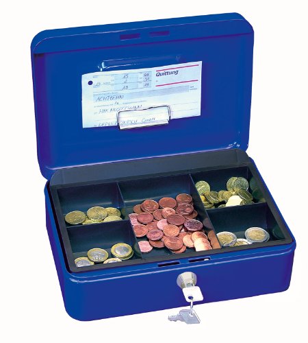 Wedo 145303H Geldkassette (aus pulverbeschichtetem Stahl, versenkbarer Griff, Geldnoten- und Belegeklammer, 5-Fächer-Münzeinsatz, Sicherheits-Zylinderschloss, 25 x 18 x 9 cm) blau von WEDO