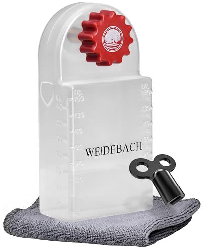 WEIDEBACH® Heizungsentlüftungsschlüssel mit Auffangbehälter (140ml), Heizungsentlüfter inkl. Mikrofasertuch & Mini Entlüftungsschlüssel für enge Zwischenräume, Entlüfter für jede Heizung, breite Form von Weidebach