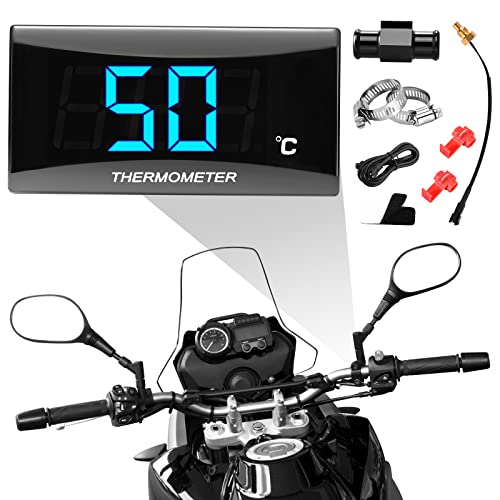 Universelles Motorrad Digitalthermometer mit 18/22 mm Adapter, Metallsonden Temperatursensor, wasserdichte LED-Digitalanzeige, Blaulicht Temperatursensor für KOSO(bleu, 22mm) von Weigudoc