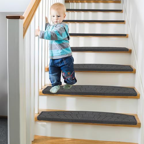 Weigudoc 15 Stück Treppenstufen Matten rutschfeste, Halbrunde Selbstklebende Stufenmatten 65x24 cm, Treppen-Teppich Innen Treppenläufer Schutz für Kinder Ältere Haustiere Halbrunde(grau) von Weigudoc