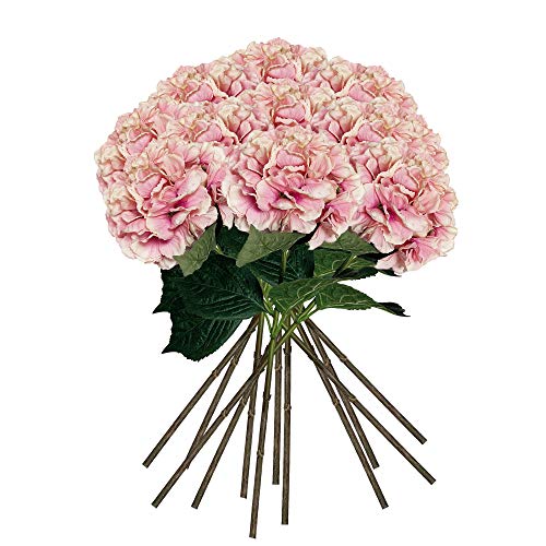 WELLHOME Packung mit 12 Hortensien mit natürlicher Haptik Blumen Ø 20 cm, Kunststoff, Rosa, 88 cm, Pack de von WELLHOME